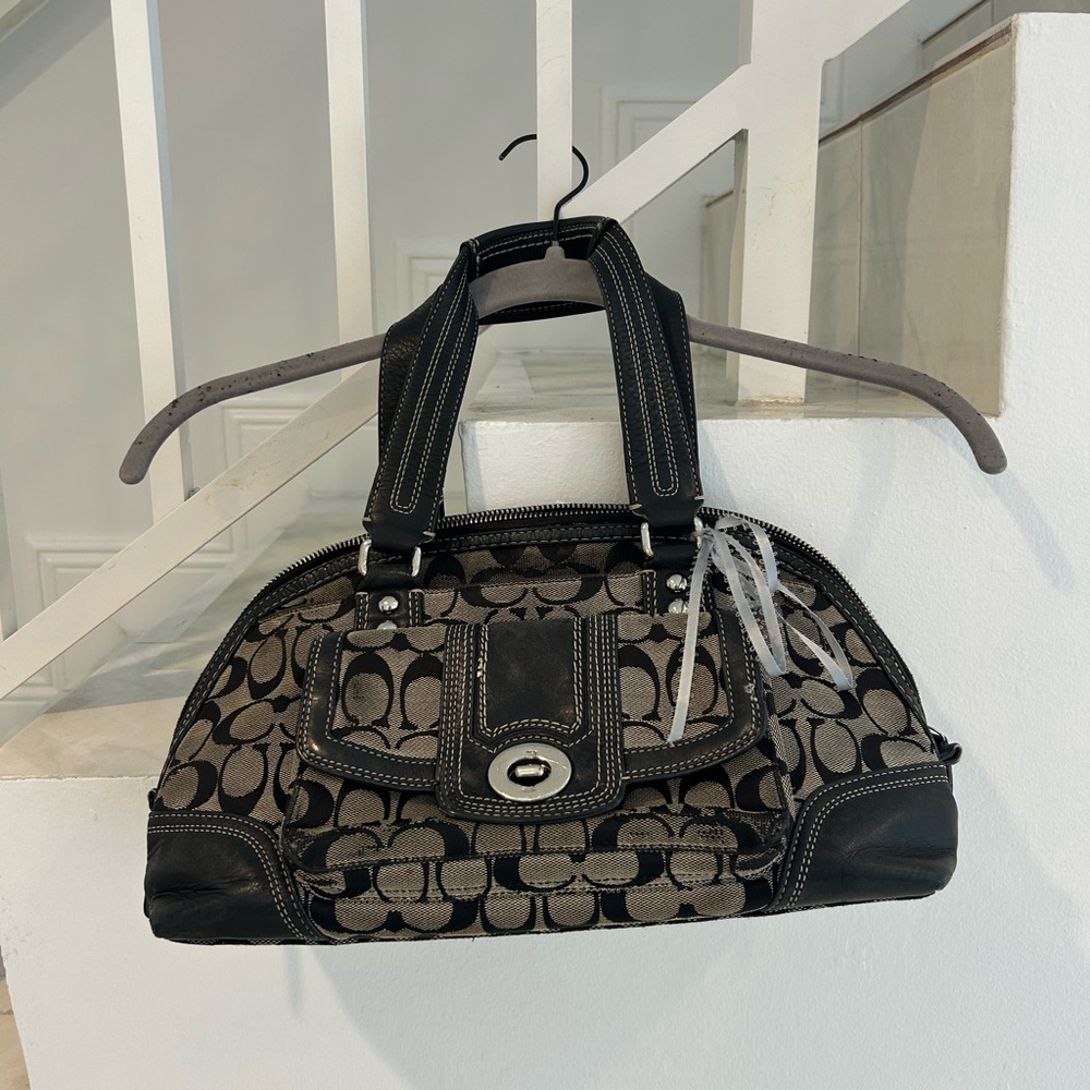 Coach Black and Gray Shoulder Bag with Signature Monogram